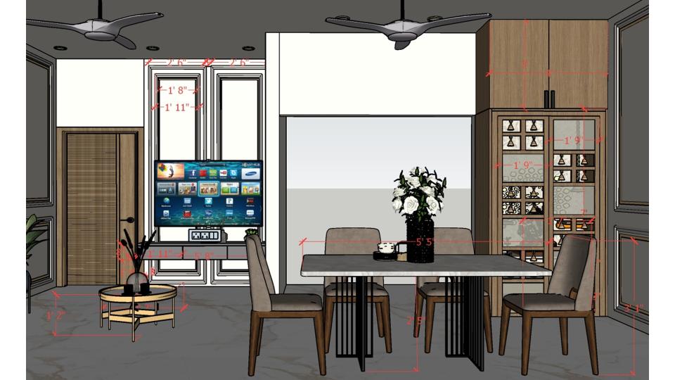 Living room another view large sofa set and dining table ,puja room and kitchen breakfast unit area 2d dimensions