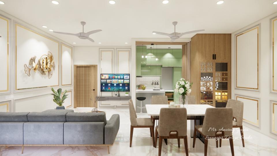 Living room another view large sofa set and dining table ,puja room and kitchen breakfast unit area