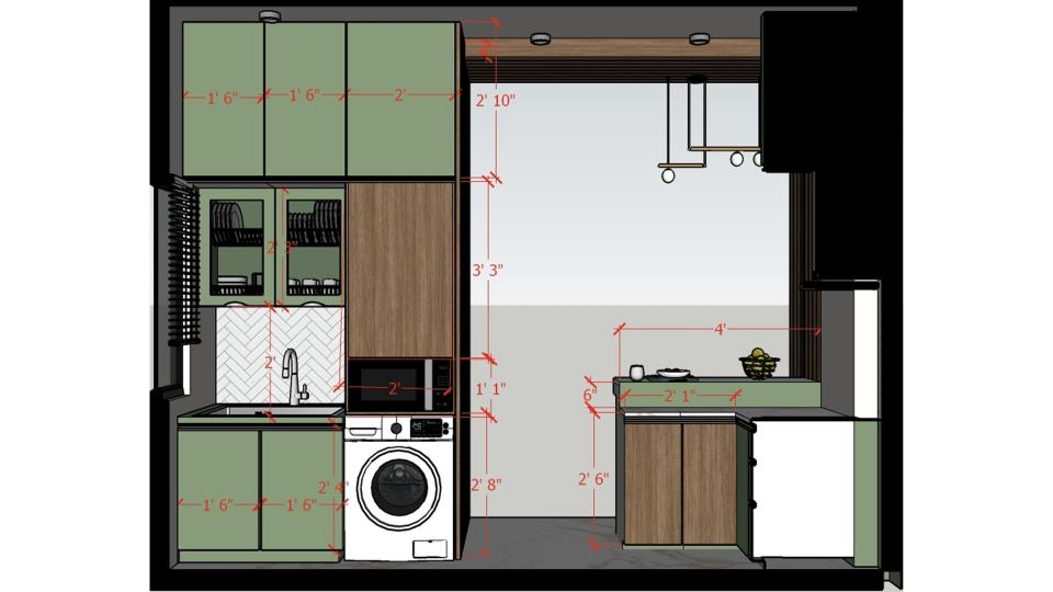 Modular Kitchen sink unit, tall unit & washing machine area view 2d dimensions
