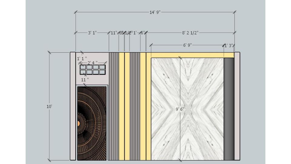 Image of the drawing room comfortable seating area with a large sofa, coffee table and decorative wall design  2d dimensions