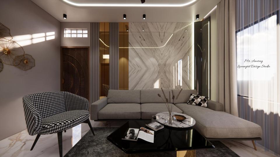 Image of the drawing room comfortable seating area with a large sofa, coffee table and decorative wall design