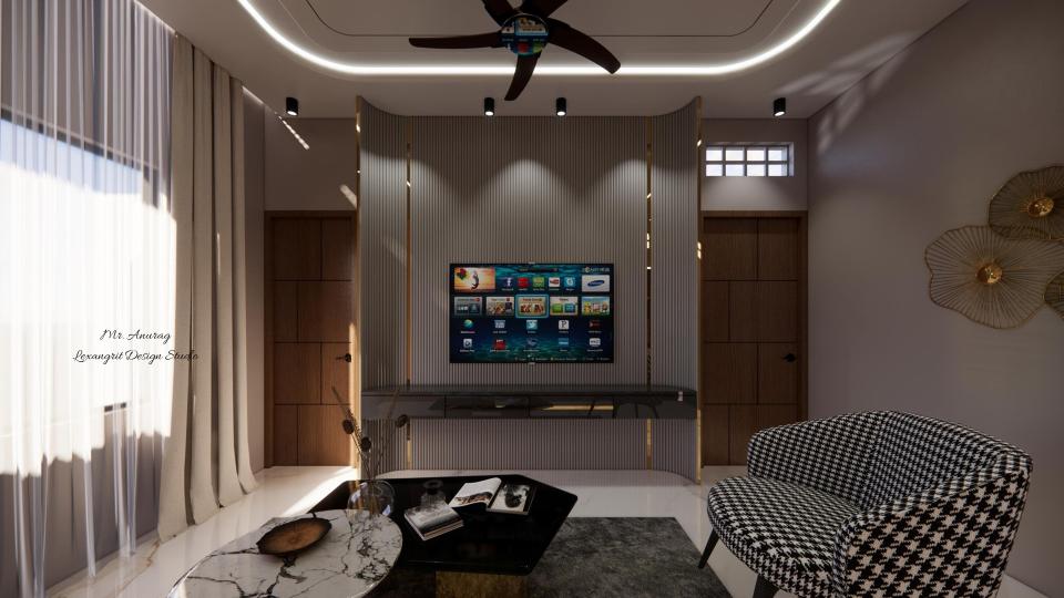 Image of the drawing  room featuring a modern entertainment center with a flat-screen TV and built-in shelves against a sleek accent wall