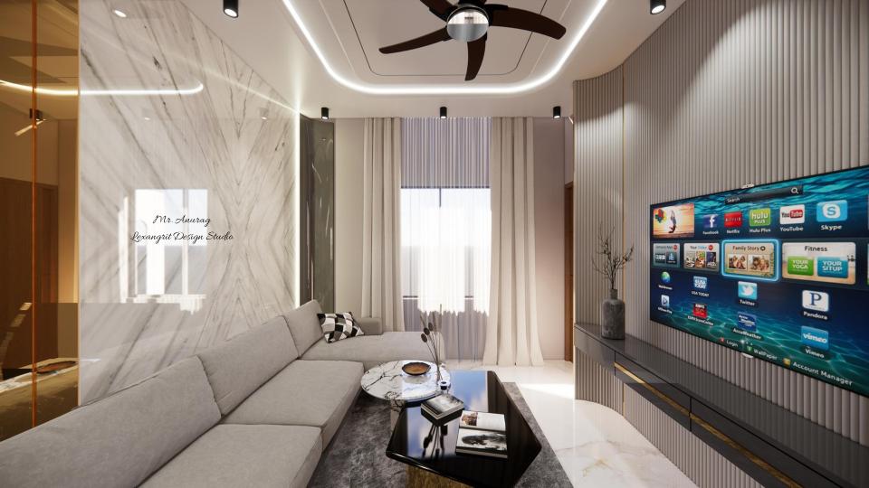 Image of the drawing  room featuring a modern entertainment center with a flat-screen TV and built-in shelves against a sleek accent wall