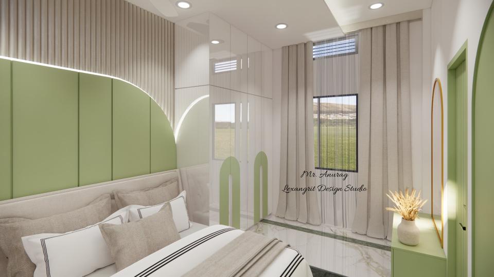 Image of the guest bedroom displaying a stylish dresser with a half round mirror and decorative items against a softly decorated wall