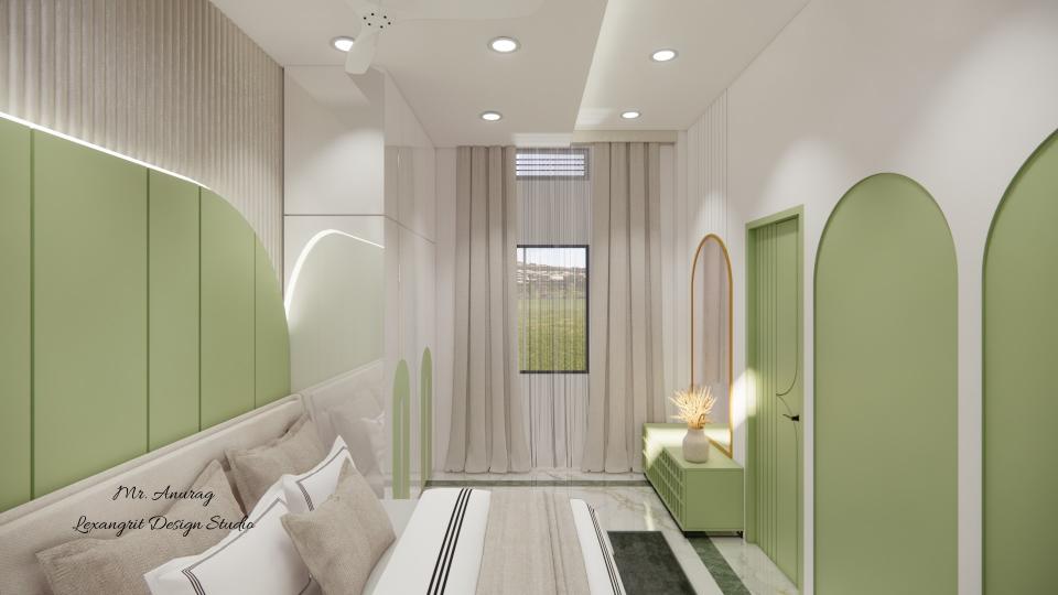 Image of the guest bedroom displaying a stylish dresser with a half round mirror and decorative items against a softly decorated wall