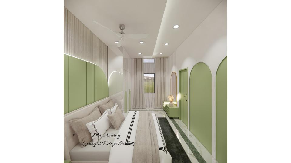 Image of the guest bedroom displaying a stylish dresser with a half round mirror and decorative items against a softly decorated wall