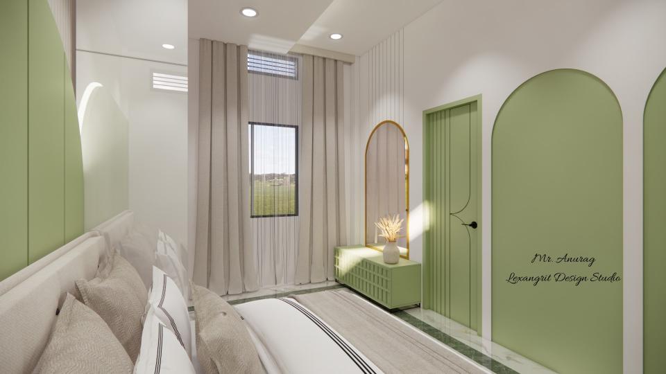 Image of the guest bedroom displaying a stylish dresser with a half round mirror and decorative items against a softly decorated wall
