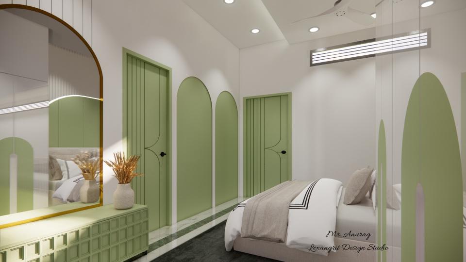 Image of the guest bedroom displaying a stylish dresser with a half round shape mirror and decorative items against a softly decorated wal