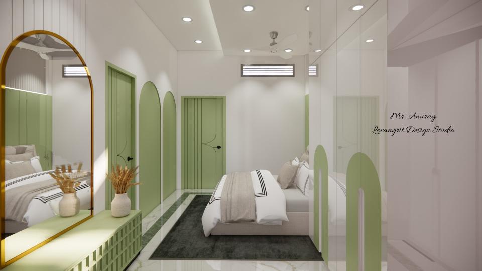 Image of the guest bedroom displaying a stylish dresser with a half round shape mirror and decorative items against a softly decorated wal