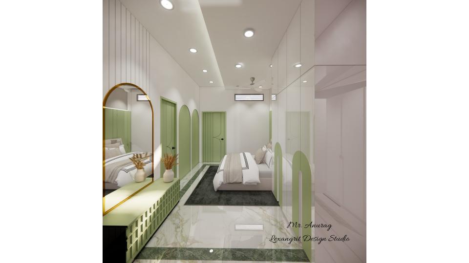 Image of the guest bedroom displaying a stylish dresser with a half round shape mirror and decorative items against a softly decorated wal