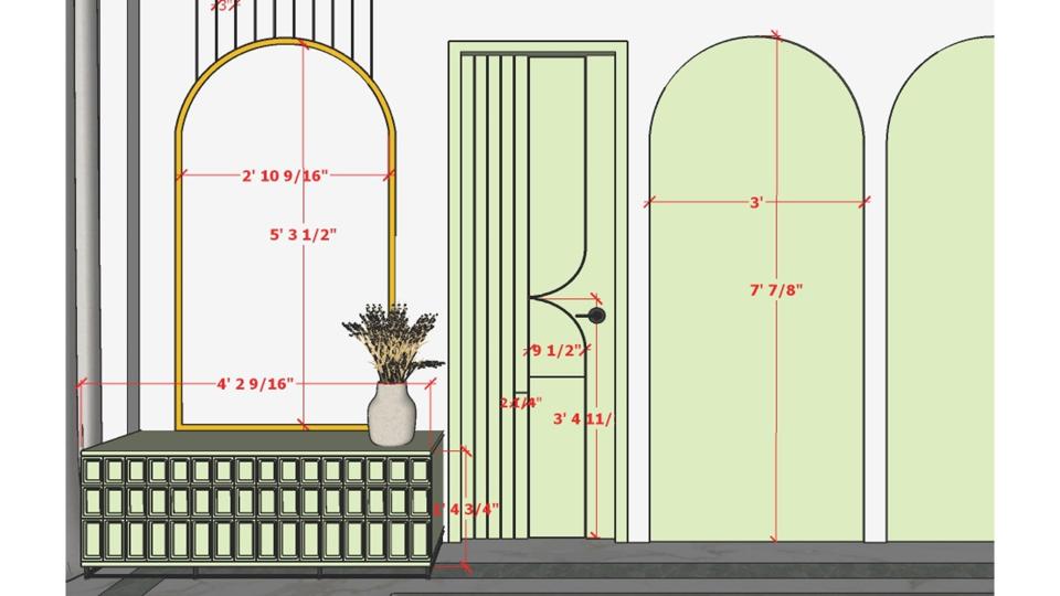 Image of the guest bedroom stylish dressing unit with half round mirror against a decorative wall 2d dimensions