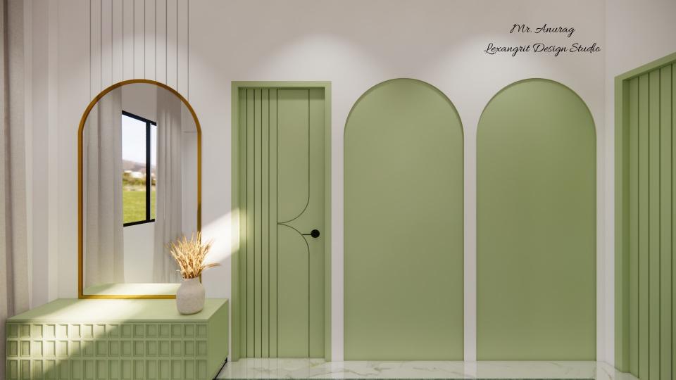 Image of the guest bedroom stylish dressing unit with half round mirror against a decorative wall