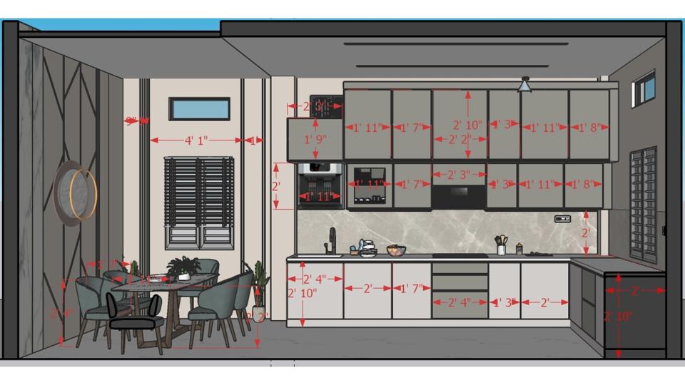 Image of the kitchen displaying a functional cooking area with a gas stove, oven, and a range hood against a tiled wall 2d dimensions