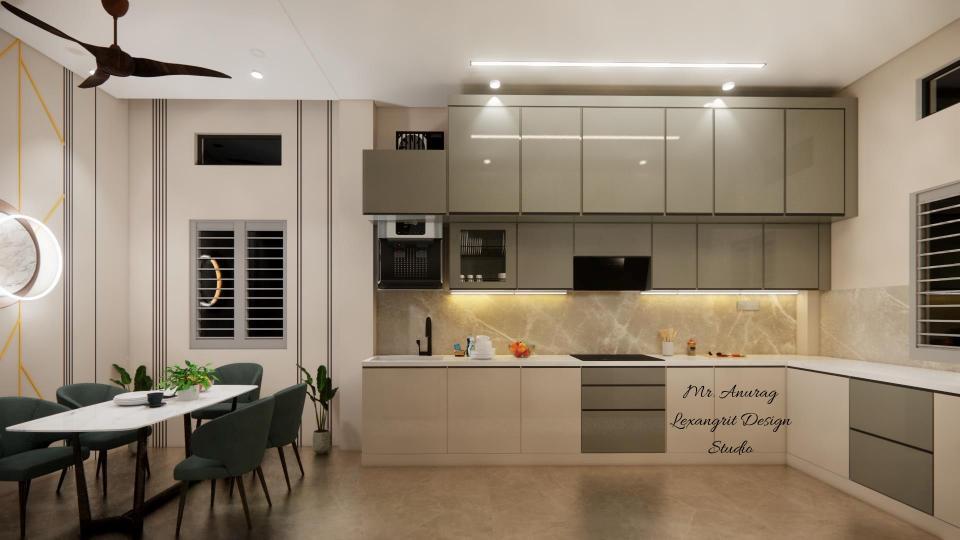 Image of the kitchen displaying a functional cooking area with a gas stove, oven, and a range hood against a tiled wall