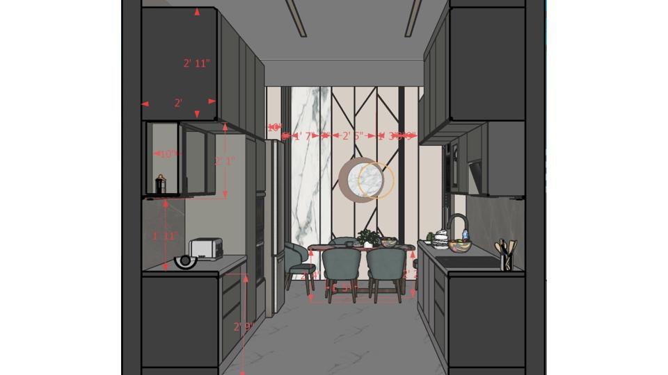 Image of the kitchen featuring modern cabinets, a sleek countertop, and built-in appliances against a tiled backsplash wall 2d dimensions