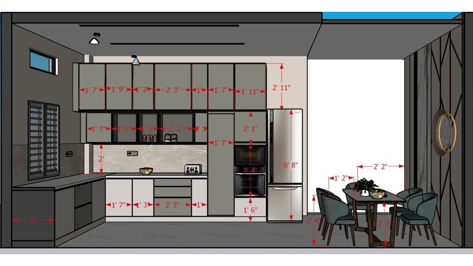 Image of the kitchen featuring modern cabinets, a sleek countertop, and built-in appliances against a tiled backsplash wall 2d dimensions