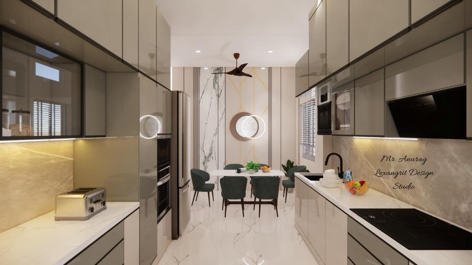 Image of the kitchen featuring modern cabinets, a sleek countertop, and built-in appliances against a tiled backsplash wall