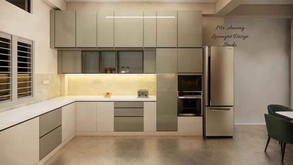 Image of the kitchen featuring modern cabinets, a sleek countertop, and built-in appliances against a tiled backsplash wall