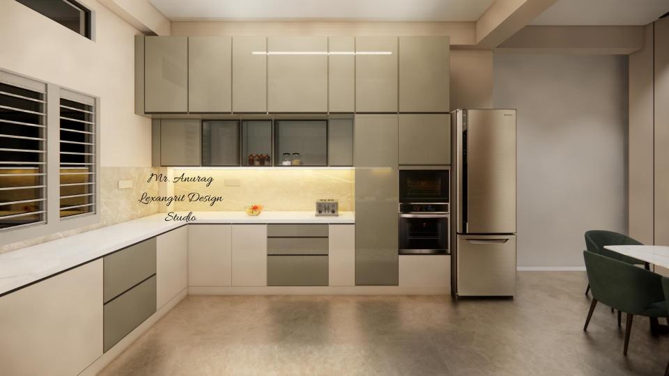 Image of the kitchen featuring modern cabinets, a sleek countertop, and built-in appliances against a tiled backsplash wall