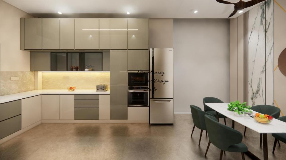Image of the kitchen featuring modern cabinets, a sleek countertop, and built-in appliances against a tiled backsplash wall