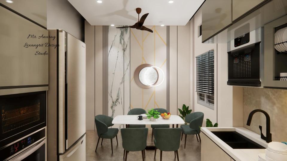 Image of the kitchen featuring modern cabinets, a sleek countertop, and built-in appliances against a tiled backsplash wall