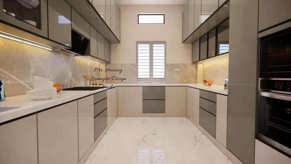 Image of the kitchen featuring modern cabinets, a sleek countertop, and built-in appliances against a tiled backsplash wall