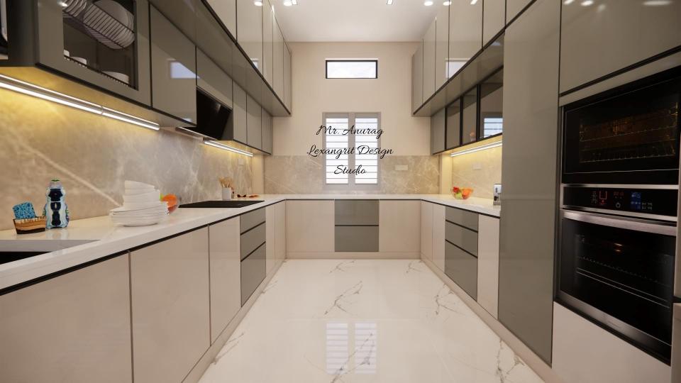 Image of the kitchen featuring modern cabinets, a sleek countertop, and built-in appliances against a tiled backsplash wall