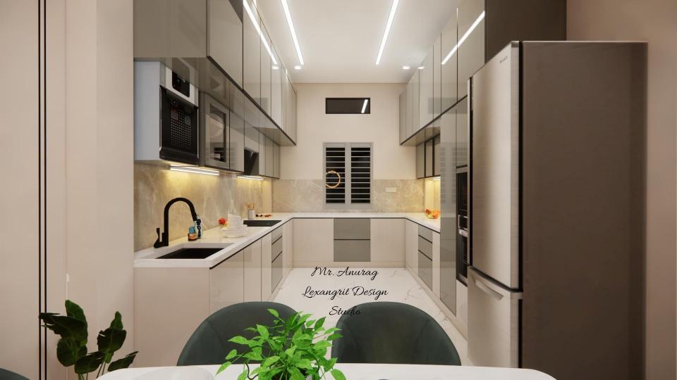 Image of the kitchen featuring modern cabinets, a sleek countertop, and built-in appliances against a tiled backsplash wall