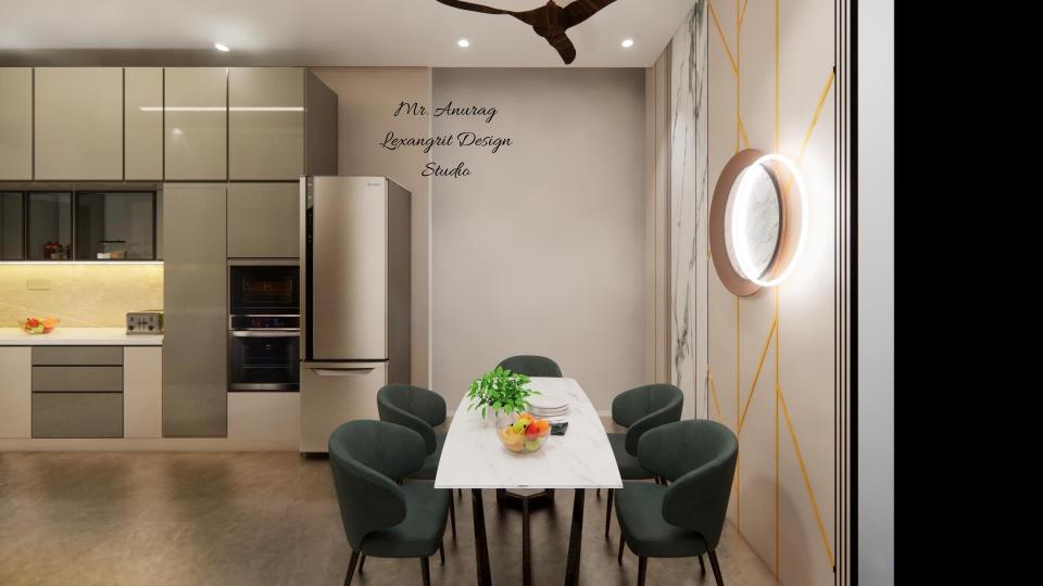 Image of the kitchen highlighting a stylish dining nook with a small table, chairs, and pendant lighting