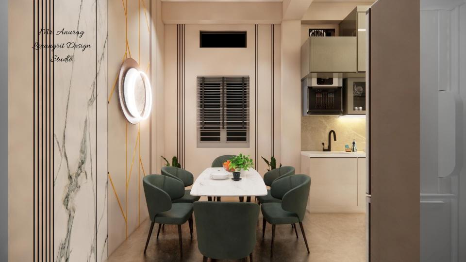 Image of the living room highlighting a spacious dining area with a contemporary dining table, chairs, and an elegant chandelier against a decorated wall