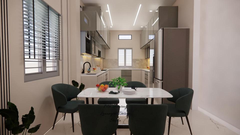 Image of the living room highlighting a spacious dining area with a contemporary dining table, chairs, and an elegant chandelier against a decorated wall