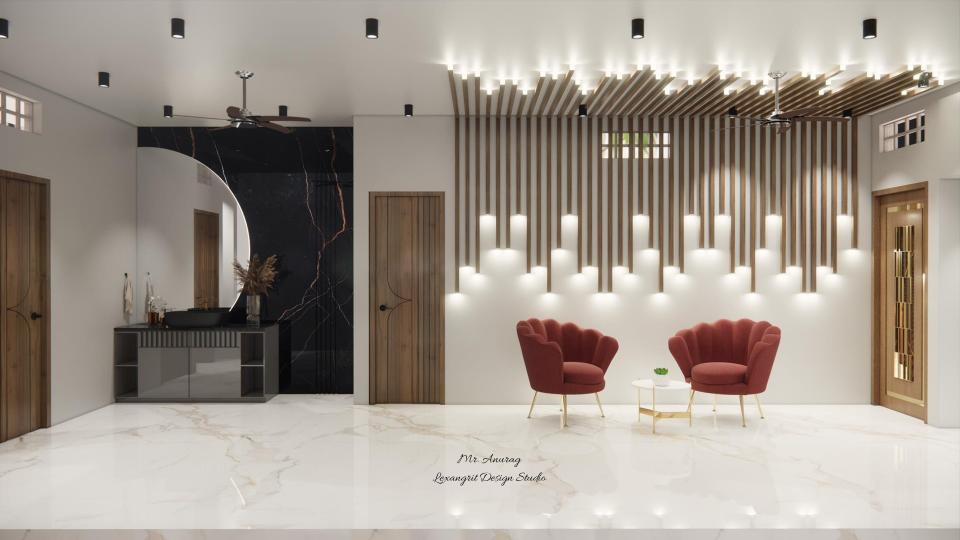 Image of the lobby area seating area and decorative wall with cov lights