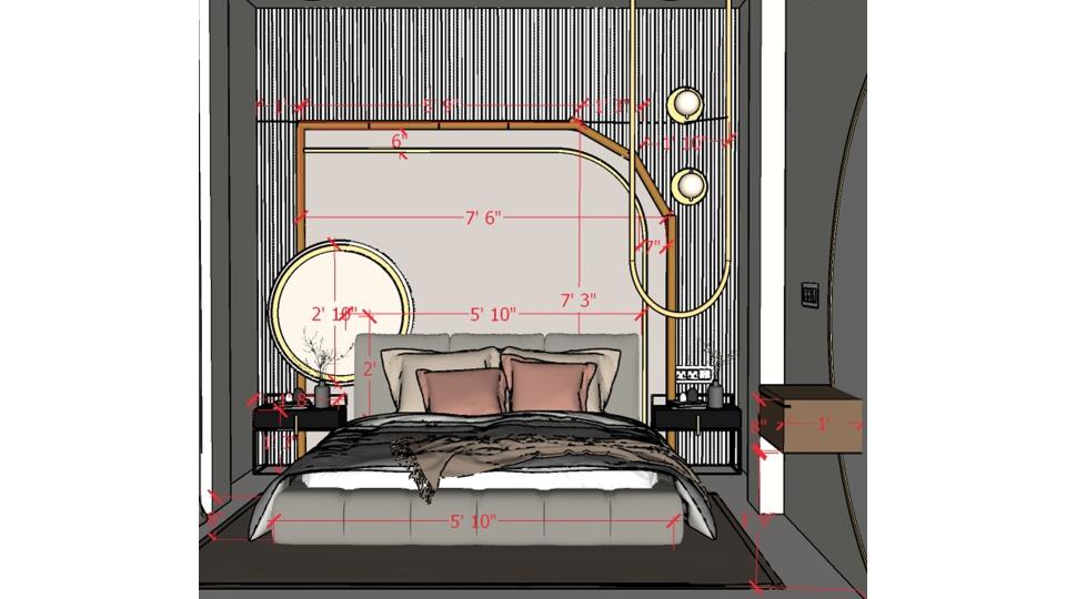 Image of the master bedroom featuring a luxurious bed with a tufted headboard, bedside tables, and pendant lights against an accent wall 2d dimensions