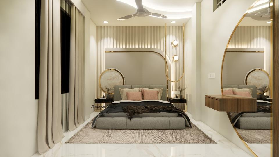Image of the master bedroom featuring a luxurious bed with a tufted headboard, bedside tables, and pendant lights against an accent wall