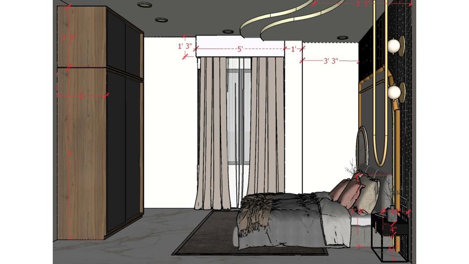 Image of the master bedroom highlighting a spacious wardrobe with sliding doors 2d dimensions