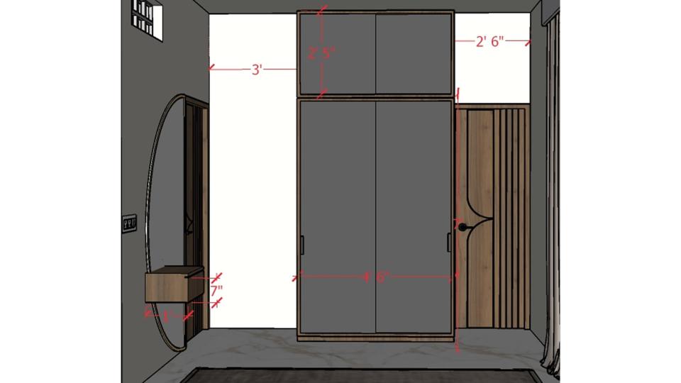 Image of the master bedroom showcasing a stylish dresser with a half-moon shape mirror and decorative items against a soft-colored wall 2d dimensions