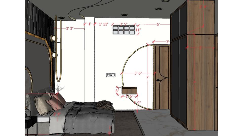 Image of the master bedroom showcasing a stylish dresser with a half-moon shape mirror and decorative items against a soft-colored wall 2d dimensions