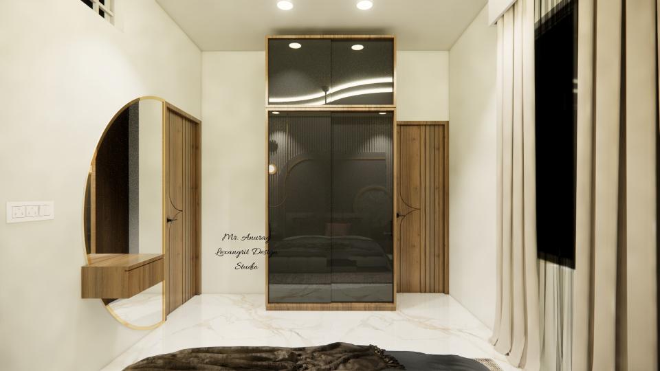 Image of the master bedroom showcasing a stylish dresser with a half-moon shape mirror and decorative items against a soft-colored wall