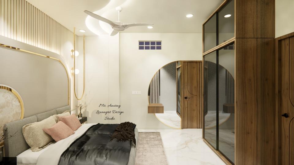 Image of the master bedroom showcasing a stylish dresser with a half-moon shape mirror and decorative items against a soft-colored wall