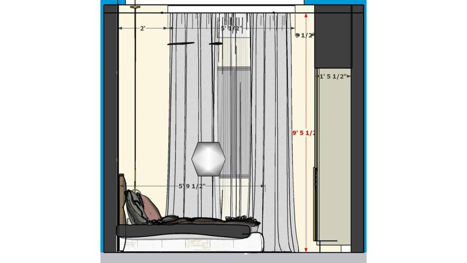 Image of the parents bedroom featuring a luxurious bed with a tufted headboard, bedside tables, and pendant lights against an accent wall 2d dimensions