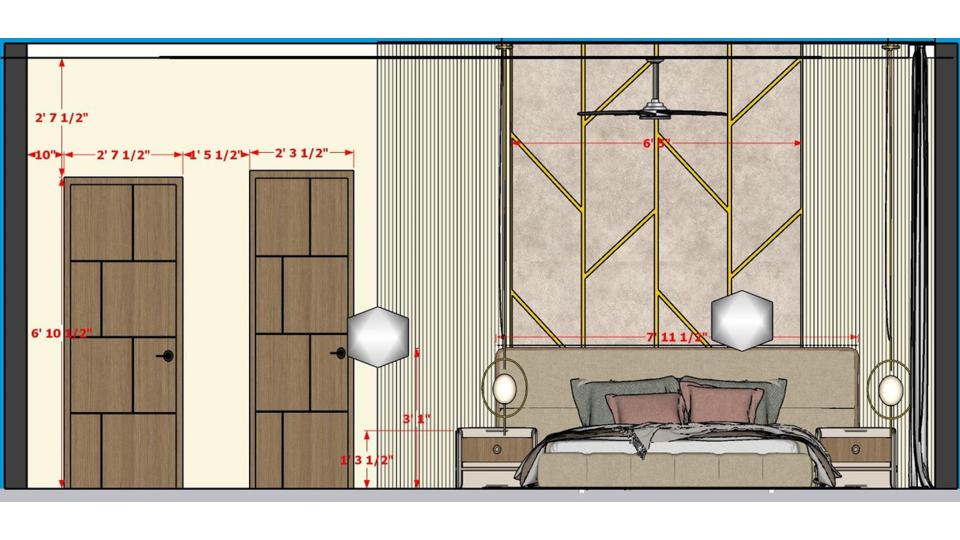 Image of the parents bedroom featuring a luxurious bed with a tufted headboard, bedside tables, and pendant lights against an accent wall 2d dimensions