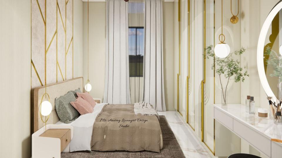 Image of the parents bedroom featuring a luxurious bed with a tufted headboard, bedside tables, and pendant lights against an accent wall
