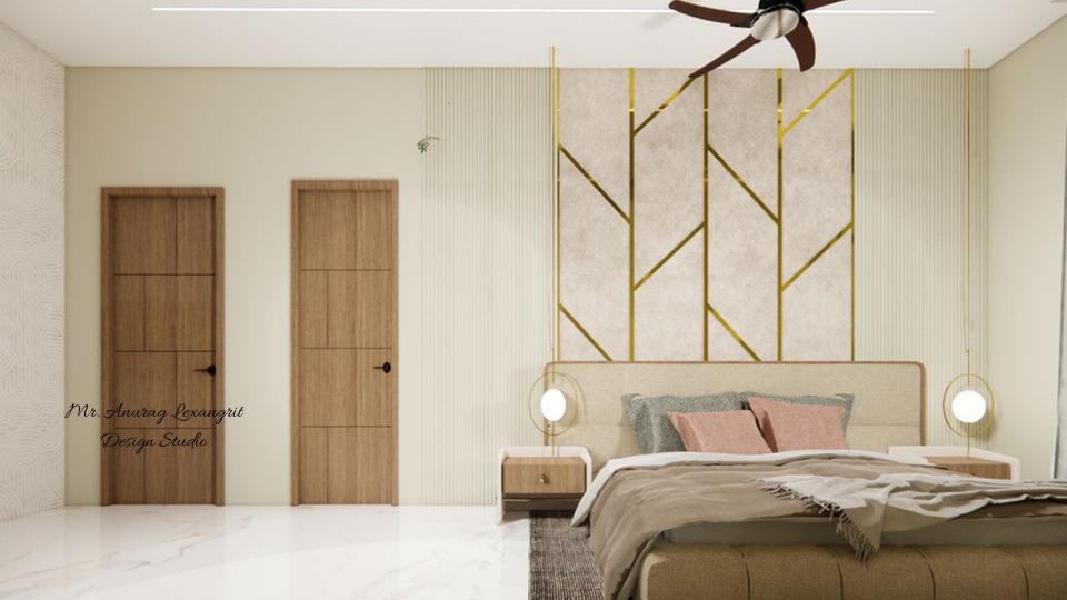 Image of the parents bedroom featuring a luxurious bed with a tufted headboard, bedside tables, and pendant lights against an accent wall