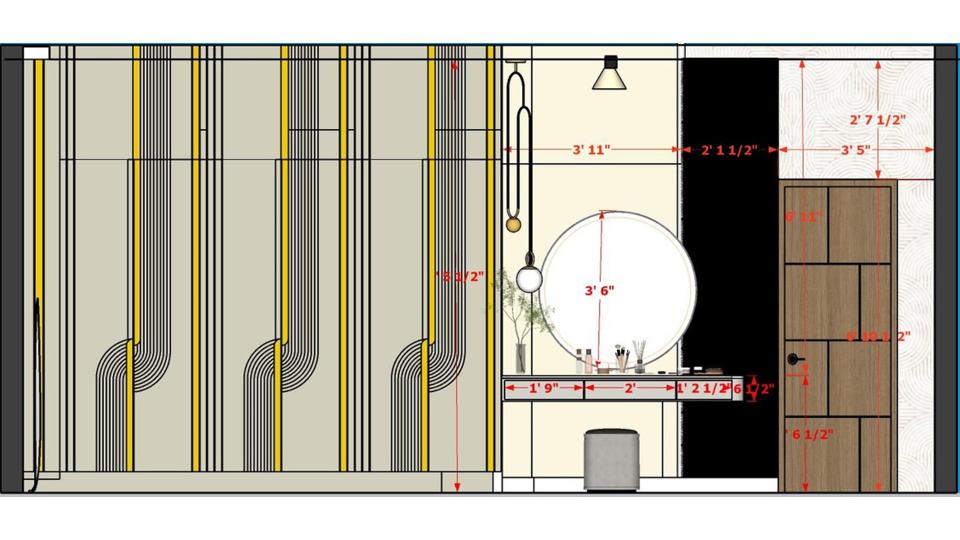 Image of the parents bedroom showcasing a stylish dresser with a round shape mirror and stylish wardrobe against a soft-colored wall 2d dimensions