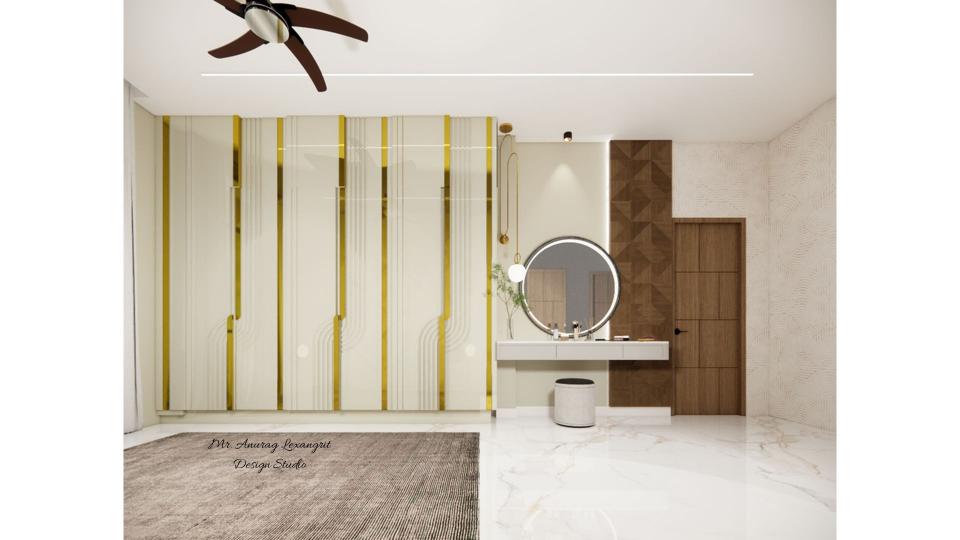 Image of the parents bedroom showcasing a stylish dresser with a round shape mirror and stylish wardrobe against a soft-colored wall