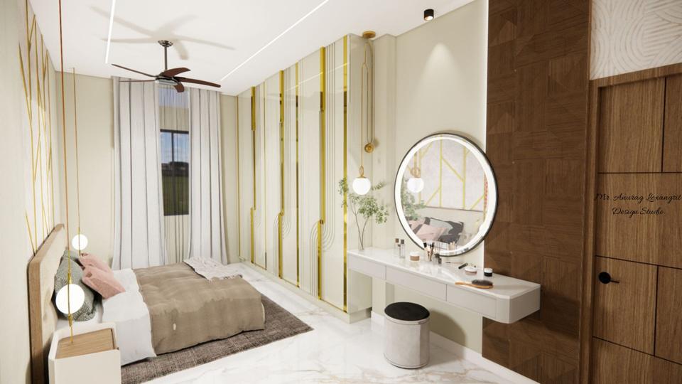 Image of the parents bedroom showing luxurious bed,stylish dresser with round shape mirror and spacious wardrobe