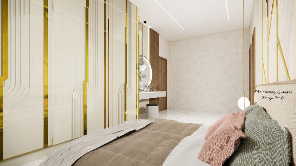 Image of the parents bedroom showing luxurious bed,stylish dresser with round shape mirror and spacious wardrobe