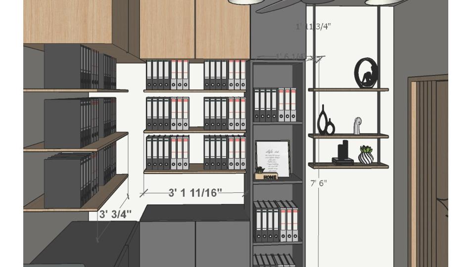 Image of the study room displaying a stylish bookcase filled with books and decorative items against a neutral-toned wall 2d dimensions