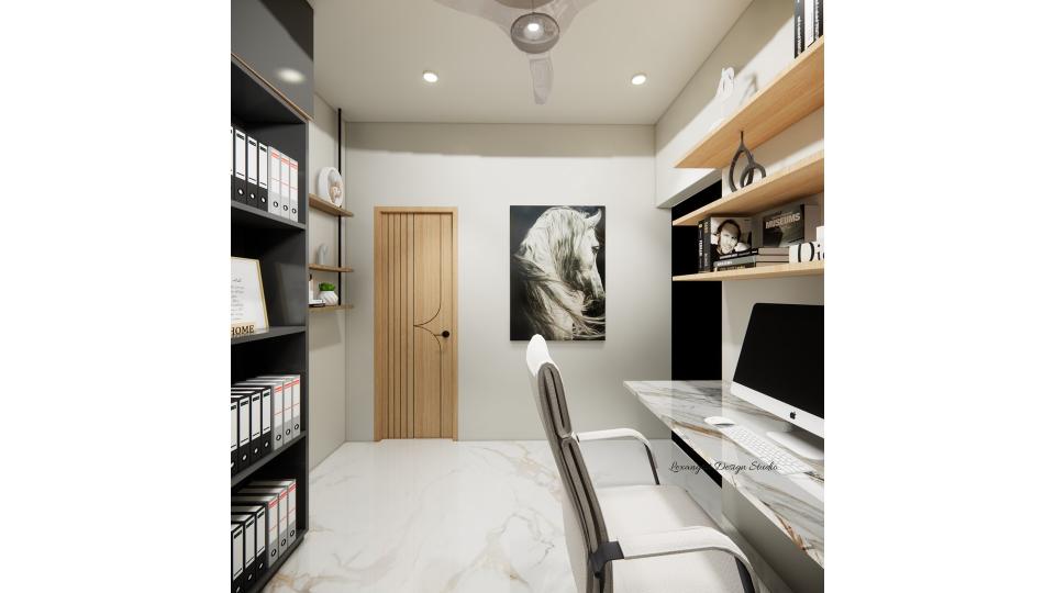 Image of the study room displaying a stylish bookcase filled with books and decorative items against a neutral-toned wall
