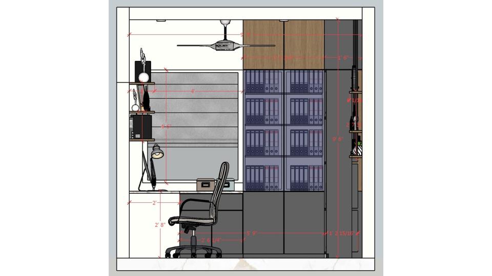 Image of the study room featuring a large desk with a computer, chair, and shelves against a vibrant accent wall 2d dimensions